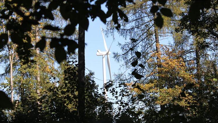 Blick zwischen Bäumen hindurch auf ein Windrad. So eine Perspektive ist vielleicht bald auch in Sulzthal zu sehen. Foto: Archiv/ Markus Reeh