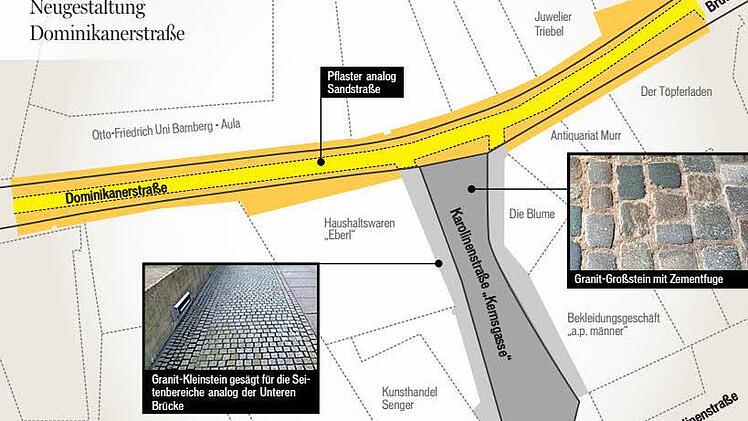 Die Grafik zeigt, wo welcher Bodenbelag verlegt wird. Quelle: Stadt Bamberg/ FT-Grafik: Carolin Höfler