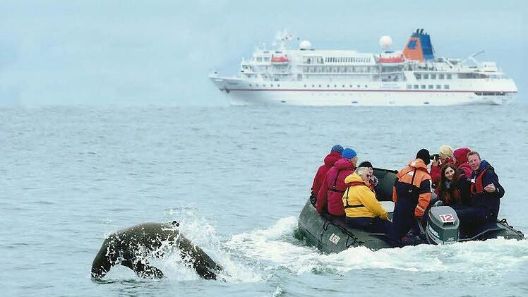 Tamara Aepfelbach (im Boot, Zweite von rechts) in Kamtschatka beim Cruising mit den Zodiacs. Foto: privat