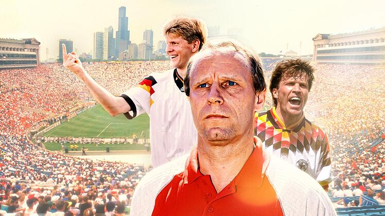 Das Cover der ARD-Dokuserie "Elf Helden - Ein Albtraum" zeigt drei Protagonisten eines WM-Horrortrips in die USA 1994. Dort wollte der amtierende Fu&szlig;ball-Weltmeister Deutschland seinen Titel mit Trainer Berti Vogts (zweiter von links) und Kapit&auml;n Lothar Matth&auml;us verteidigen. Es kam anders - auch f&uuml;r Stefan Effenberg (links).