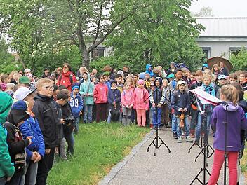 So war es vor zwei Jahren: Die Haßfurter Grundschulkinder sangen im Rahmen der "Aktionstage Musik" im Garten des Krankenhauses. Am Freitag ab 10 Uhr findet wieder ein kleines Konzert statt.  Foto: Marco Heumann