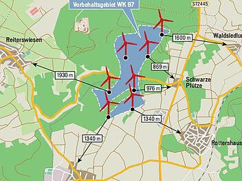 Unsere Skizze zeigt die Abstände der möglichen Windräder zur Wohnbebauung. Grafik: Klaus Heim
