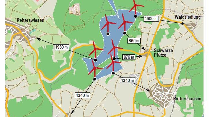 Unsere Skizze zeigt die Abstände der möglichen Windräder zur Wohnbebauung. Grafik: Klaus Heim