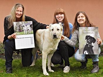 Kerstin Junker aus Oberleichtersbach hat mit dem Kerstin Laible (Mitte) und Silvia Pietrek (rechts) zur Unterst&uuml;tzung des Tierheimes Fulda-H&uuml;nfeld wieder einen Jahreskalender herausgebracht. Hund Lissy ziert als Kalendermodel die Seite zum Juli 2018. Vivien Hilger