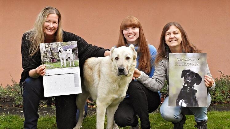 Kerstin Junker aus Oberleichtersbach hat mit dem Kerstin Laible (Mitte) und Silvia Pietrek (rechts) zur Unterst&uuml;tzung des Tierheimes Fulda-H&uuml;nfeld wieder einen Jahreskalender herausgebracht. Hund Lissy ziert als Kalendermodel die Seite zum Juli 2018. Vivien Hilger