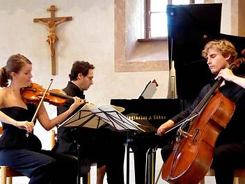 Die Geigerin Veronika Eberle, der Pianist Shai Wosner und der Cellist Andreas Brantelid im Festsaal des Klosters Maria Bildhausen. Foto: Ahnert