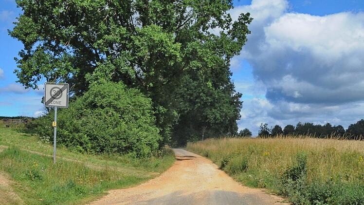 Beim Zone-30-Ende-Schild geht  die Rosenbacher Straße in einen Feldweg über. Nach Ansicht des Antragstellers soll die Gemeinde Dormitz das Schild entfernen, damit niemand mehr den  Weg  nach Rosenbach benutzen darf. Foto: Karl Heinz Wirth