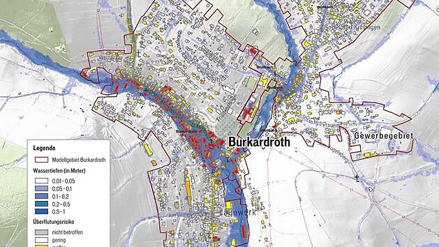 Gro&szlig;e Teile von Burkardroth st&uuml;nden unter Wasser, wenn ein Starkregenereignis den Ort trifft. Bild: Dagmar Klumb, Karte von Bj&ouml;rnsen beratende Ingenieure