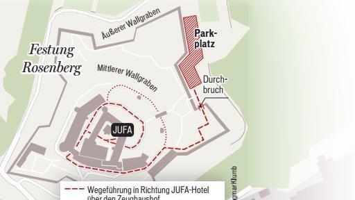 Der Weg zum Hotel durch die Hennebergsche Futtermauer muss noch im Detail geplant werden. Grafik: Dagmar Klumb