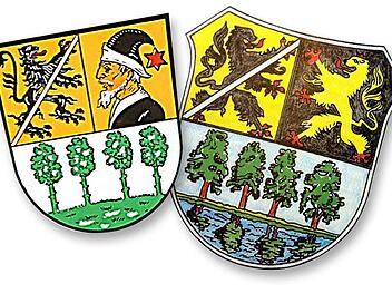 Das erste Nordhalbener Wappen (rechts) könnte so ausgesehen haben. Im Jahr 1567 wurde der Geraer Löwe durch das Wappen des Bamberger Fürstbischofs ersetzt. Repro: M. Wunder & FT