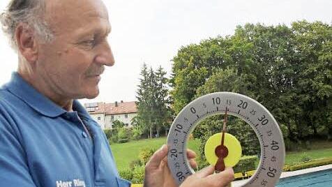 Frische 15 Grad zeigt das Thermometer von Schwimmmeister Alexander Ring an. Kein Wunder, dass da im Freibad "Kunomare" die Besucher ausbleiben. Fotos: Stephan Stöckel