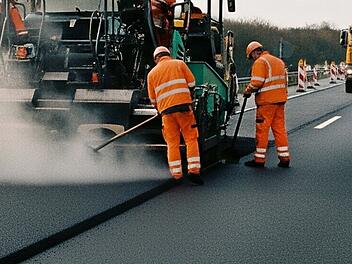 Bauarbeiten auf einer Bundesstraße im Zuge einer Sanierung. Die Straße erhält einen neuen Asphalt.
