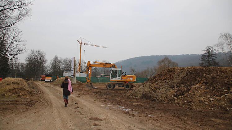 Viel zu sehen gibt es an der Baustelle am Runden Brunnen nicht. Lediglich ein großer Erdhaufen und mehrere Baumaschinen bestimmen das Bild. Wo die Bäume standen, ist nicht mehr sichtbar.  Foto: Kathrin Kupka-Hahn