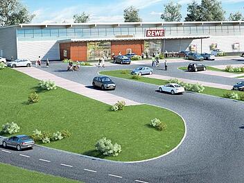 Der neue Rewe in Stadtsteinach soll direkt oberhalb des alten Einkaufsmarktes gebaut werden. Für die verkehrstechnische Anbindung wird aus Richtung Zaubach eine Linksabbiegespur eingerichtet. Fotomontage: Planungsbüro Trio Bau