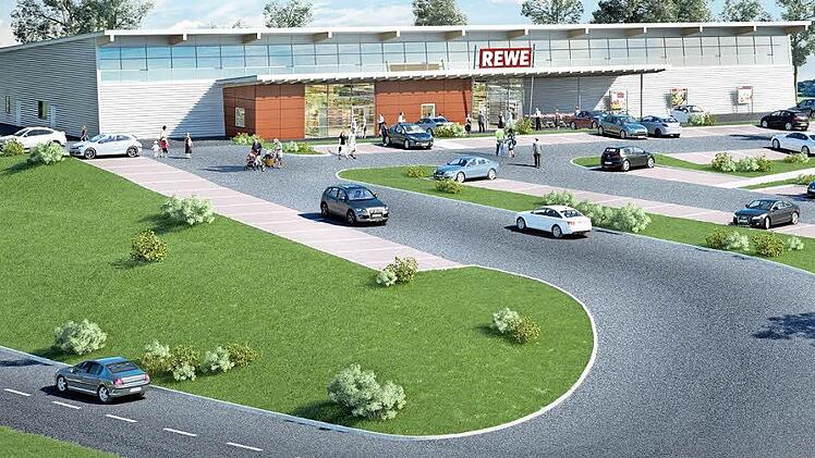 Der neue Rewe in Stadtsteinach soll direkt oberhalb des alten Einkaufsmarktes gebaut werden. Für die verkehrstechnische Anbindung wird aus Richtung Zaubach eine Linksabbiegespur eingerichtet. Fotomontage: Planungsbüro Trio Bau