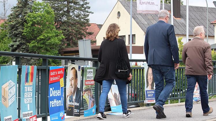 An vielen Menschen - wie hier symbolisch dargestellt in Ebern - ging die Werbung für die Europawahl achtlos vorüber. Und doch waren die Nichtwähler diesmal in der Minderheit. Mehr als 60 Prozent der Menschen im Landkreis Haßberge gingen zur Wahl. Fotos: Eckehard Kiesewetter