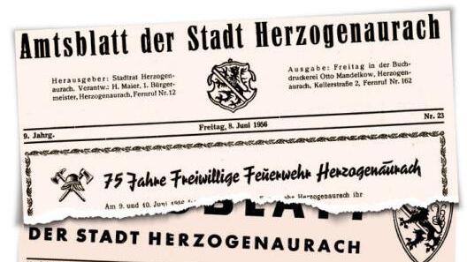 Zwei Amtsblätter aus den Jahren 1956 und 1968 beweisen: Die Feuerwehr "alterte" in nur zwölf Jahren um ein Vierteljahrhundert (Quelle: Archiv Georg Peetz). Die beiden kleinen Fotos zeigen die Festabzeichen aus den beiden Jahren .