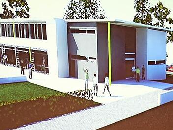 So sieht die künftige Grundschul-Mensa in der Computer-Simulation aus, die in Nachbarschaft zum Kindergarten-Neubau anstelle der Kujath-Villa ab September gebaut werden soll. Diese Variante zeigt die Ansicht vom Bahnhaltepunkt aus. Foto: Ralf Kestel