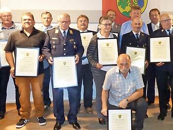 Die Träger der Silbernen Bürgermedaille und ihre Lobredner (v. l.): MdB Silke Launert, Peter Dürr, Eduard Roppelt, Joachim Roppelt, Anton Endres, Gerhard Dressel, Roland Müller, Gerda Launert, Peter Brütting, Helmut Müller, Luitpold Kaiser, Dritter Bürgermeister Manfred Eckert, Harald Bogner, Zweiter Bürgermeister Georg Bauernschmidt, Bürgermeister Hanngörg Zimmermann und (kniend) Hans Brendel  Foto: Thomas Weichert