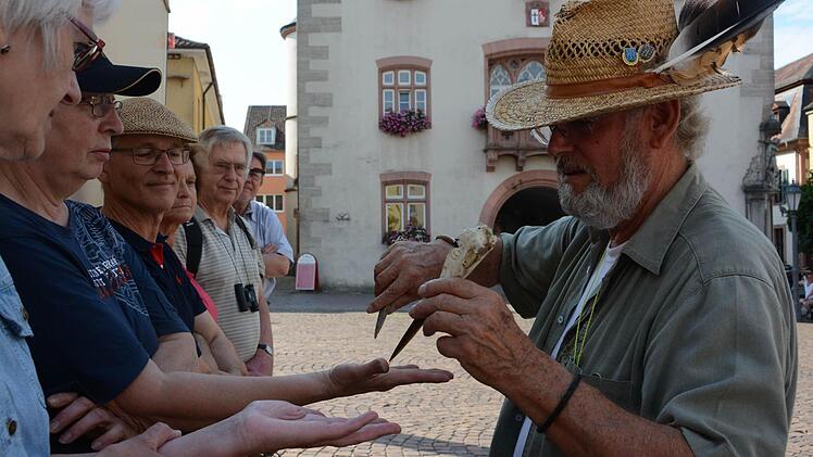 Jochen Willeckes Hut mit Storchen- und Schleiereulenfeder ist ebenso ein unverwechselbares Kennzeichen für den Vogelexperten wie der spitze und der etwas stumpfere Schnabel von Storch und Graureiher. Fotos: Elisabeth Assmann