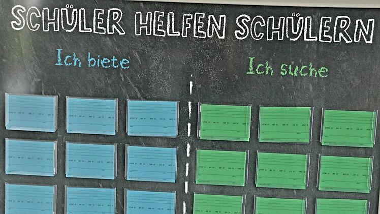 Ich biete - Ich suche: Auf solchen Tafeln können Schüler von Grund- und Mittelschule, von der Realschule, dem Gymnasium und dem Sonderpädagogischen Förderzentrum schreiben welche Hilfen sie für ihre Mitschüler anbieten können bzw. welche Hilfen sie selber benötigen. Helmut Will