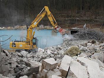 Der Bagger ist im Einsatz. Nach der Sprengung des Zehn-Meter-Turms wird das Sprungbecken abgerissen. Foto: Alexander Hartmann