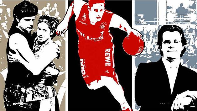 Die Basketballer um Fabien Causeur (in Rot) haben in Sachen Bekanntheit die Symphoniker (rechts der Chefdirigent Jakub Hru&nbsp;Grad&scaron;a) und das E.T.A.-Hoffmann-Theater (links die Schauspieler Daniel Seniuk und Katharina Brenner) hinter sich gelassen. Grafik: Micho Haller