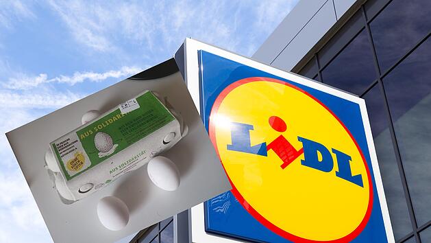 Ein Karton mit Eiern vor dem Logo von Lidl.