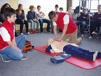 Schulsanitäter Tobias demonstriert, wie der Defibrillator eingesetzt wird.  Foto: Heike Schülein