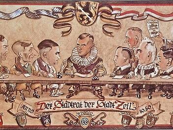 Die Überparteiliche Zeiler Liste begeht am kommenden Freitag ihr 70-jähriges Bestehen. Diese Karikatur von Wilhelm Böhm-Passian aus dem Privatbesitz der Familie Winkler wirft einen humorigen Blick auf den Stadtrat, das hohe Gremium, wie es heißt, im Jahre 1950. Sie zeigt von links zunächst die ÜZL-Stadträte Hans Sahlender, Ernst Riedl, Michael Minnich, Josef Drebinger, Hans Kremer und Georg Ortegel, den Bürgermeister Rudolf Winkler, dann die CSU mit Michael Waldhäuser, Michael Barth, Emil Röd...