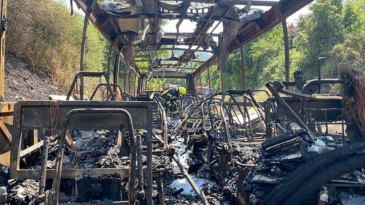 Der Linienbus brannte nach dem Unglück auf der B 287 bei Winkels völlig aus.