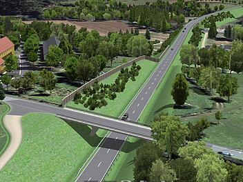Die neue Trasse der Bundesstraße 303 unterschneidet die Alte Pressecker Straße. Zur Orientierung: links der Lindenhof Salem. Simulation: Staatliches Bauamt Bayreuth