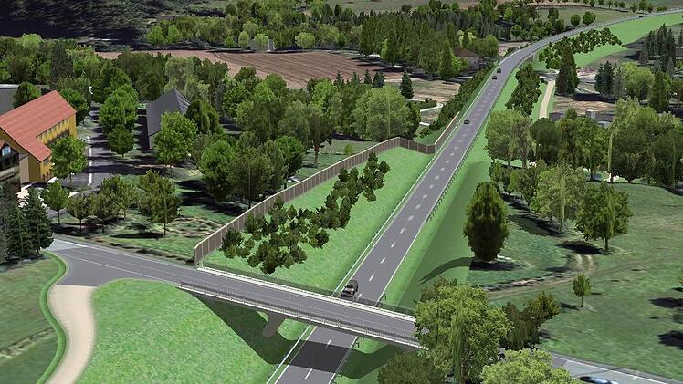 Die neue Trasse der Bundesstraße 303 unterschneidet die Alte Pressecker Straße. Zur Orientierung: links der Lindenhof Salem. Simulation: Staatliches Bauamt Bayreuth