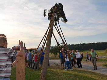 Wolfgang Rottenberger (links) dirigiert, wie der Plobaum am besten platziert wird. Foto: Kathrin Kupka-Hahn