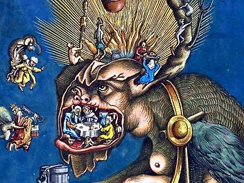 Matthias Gerung, Zuschreibung (Nördlingen, geboren um 1500 bis 1568 Luningen), David de Negker, Zuschreibung (tätig um 1545 bis 1587), Spottblatt auf die katholische Geistlichkeit, um 1545 bis 1559, Holzschnitt, altkoloriert (Detail).Fotos: Kunstsammlungen Veste Coburg