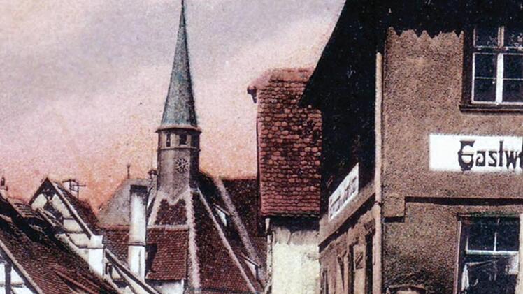 Unteres Kommunbrauhaus (Bildmitte) um 1910, bis 1952 Brauhaus der Brauerei Josef Greif, rechts Gastwirtschaft Stäfferla  Repro: Reinhold Glas