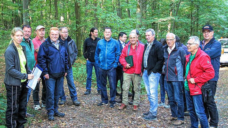 Der Marktgemeinderat  im Maßbacher Gemeindewald.  Försterin Ute Kerschbaum (ganz links) erläuterte beim Rundgang, dass der Klimawandel und die extreme Witterung Probleme bereiten.  4. von links: Bürgermeister Matthias Klement. Foto: Dieter Britz