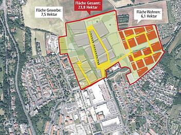 Im Bild ist die zweite Variante der Planer im Bereich des ehemaligen Kasernenareals zu sehen. Das Projektgebiet ist rot umrandet. Bild: Quelle: Stadt Bad Kissingen, Grafik: mp Jutta Glöckner