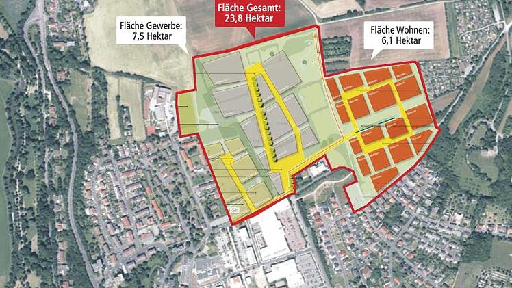 Im Bild ist die zweite Variante der Planer im Bereich des ehemaligen Kasernenareals zu sehen. Das Projektgebiet ist rot umrandet. Bild: Quelle: Stadt Bad Kissingen, Grafik: mp Jutta Glöckner