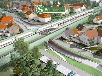 So soll der Haltepunkt Buttenheim (der sich in Altendorf befindet) künftig aussehen. Der alte Bahnübergang soll zugunsten eines Rad- und Fußwegtunnels weichen und stattdessen eine Umgehungsstraße mit Brücke gebaut werden. Illustrationen: Deutsche Bahn / Foto: Rinklef