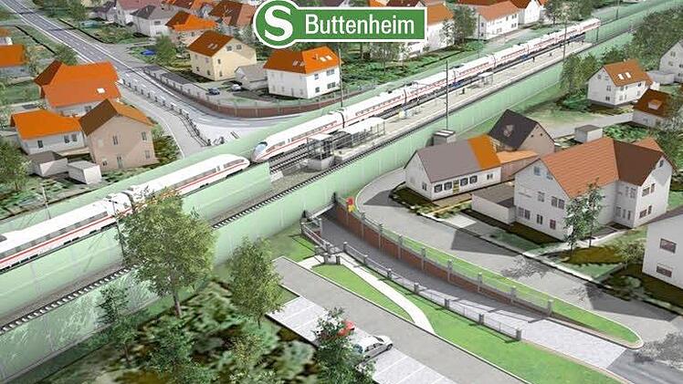 So soll der Haltepunkt Buttenheim (der sich in Altendorf befindet) künftig aussehen. Der alte Bahnübergang soll zugunsten eines Rad- und Fußwegtunnels weichen und stattdessen eine Umgehungsstraße mit Brücke gebaut werden. Illustrationen: Deutsche Bahn / Foto: Rinklef
