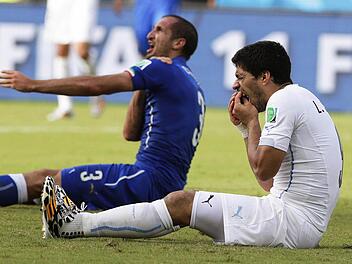 Fußball-Profi Giorgio Chiellini (l) aus Italien beschwert sich, von Luis Suarez aus Uruguay (r) gebissen worden zu sein. Foto: dpa