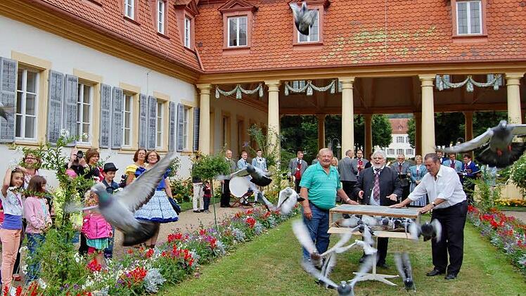 Spektakel: Etwa 80 Brieftauben ließ Taubenzüchter Paul Beck in den blauen Himmel starten. Foto: Sigismund von Dobschütz