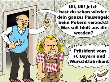 Jürgen Scheibes jüngstes Werk: eine Anspielung auf Klein-Uli Hoeneß' Umgang mit Geld. Die mit Bleistift gezeichneten Konturen werden mit einem Fineliner nachgezogen, danach wird koloriert. Grafik: Jürgen Scheibe
