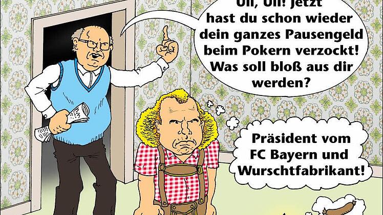Jürgen Scheibes jüngstes Werk: eine Anspielung auf Klein-Uli Hoeneß' Umgang mit Geld. Die mit Bleistift gezeichneten Konturen werden mit einem Fineliner nachgezogen, danach wird koloriert. Grafik: Jürgen Scheibe
