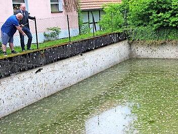 Ortsreferent Klaus Schebler (vorne) zeigt Bürgermeister Helmut Blank die Problemstellen am Windheimer Löschweiher. Foto: Heike Beudert