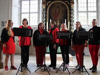 Seit März proben die Mitglieder des Kleinen Chors regelmäßig für das bevorstehende Konzert "Von allem das Beste!" am kommenden Samstag in der Hassenberger Schlosskirche. Viktoria Lauterbach, Elke Hofmann, Elke Werner, Hannelore Geßlein, Katja Ritter, Barbara Lauterbach und Nicole Schomann freuen sich auf zahlreiche Besucher. Foto: Cindy Dötschel