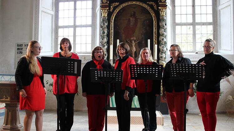 Seit März proben die Mitglieder des Kleinen Chors regelmäßig für das bevorstehende Konzert "Von allem das Beste!" am kommenden Samstag in der Hassenberger Schlosskirche. Viktoria Lauterbach, Elke Hofmann, Elke Werner, Hannelore Geßlein, Katja Ritter, Barbara Lauterbach und Nicole Schomann freuen sich auf zahlreiche Besucher. Foto: Cindy Dötschel