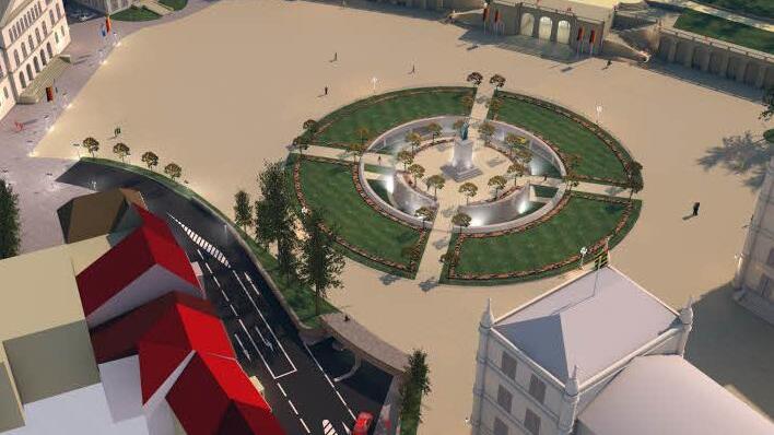 So sieht der Entwurf von oben aus: Direkt um das Denkmal herum bleibt ein Ring offen und erlaubt den Blick nach unten in die Tiefgarage. Abbildung: Architekturbüro Glodschei