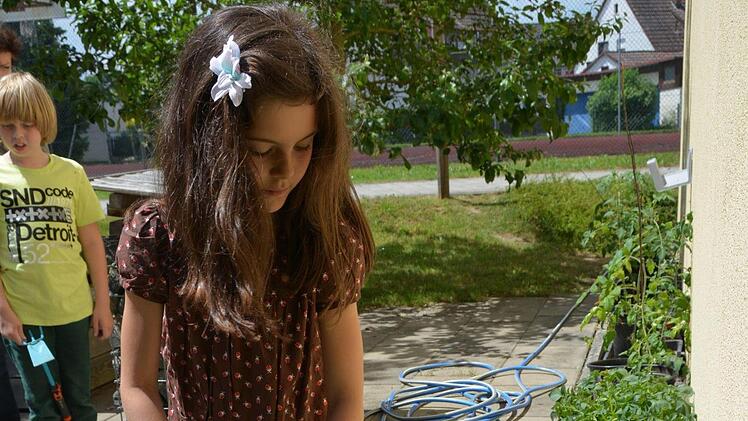 Linda Langer gießt alle Pflanzen gründlich. Auch in den Ferien will sie sich ab und zu um den Schulgarten kümmern.  Foto: Dagmar Besand